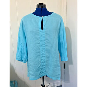Wild Palms Linen Aqua Blue Tunic Top XXL 3/4 Sleeve Lightweight Beachy Resort